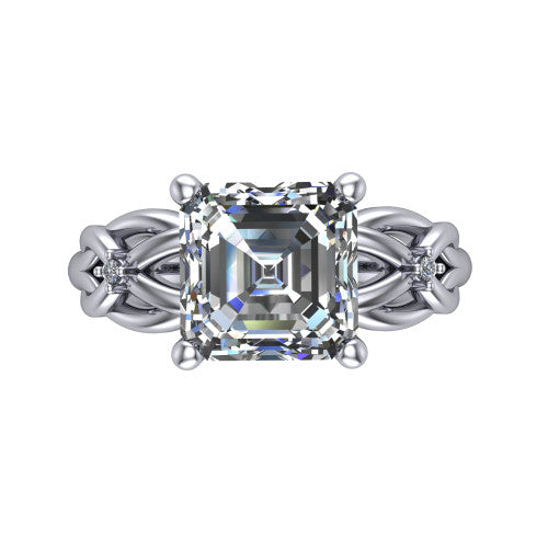 Josephine asscher love-knot engagement ring in 18K White Gold with braided band, top-down view of the four-prong center and woven knot shoulders