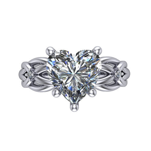 Josephine heart love-knot engagement ring in Platinum with braided band, top-down view of the four-prong center and woven knot shoulders