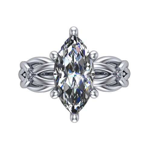 Josephine marquise love-knot engagement ring in 14K White Gold with braided band, top-down view of the four-prong center and woven knot shoulders
