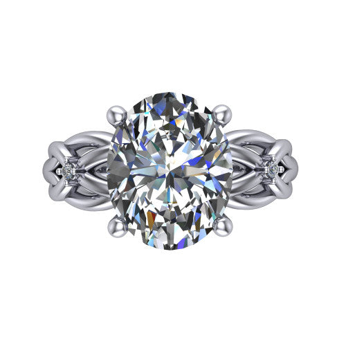 Josephine oval love-knot engagement ring in Platinum with braided band, top-down view of the four-prong center and woven knot shoulders