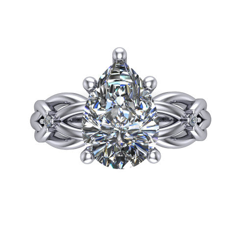 Josephine pear love-knot engagement ring in 18K White Gold with braided band, top-down view of the four-prong center and woven knot shoulders
