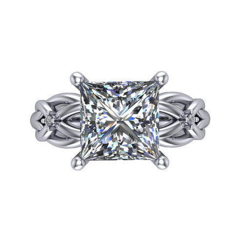 Josephine princess love-knot engagement ring in 14K White Gold with braided band, top-down view of the four-prong center and woven knot shoulders