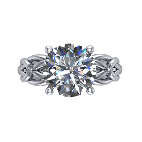 Josephine round love-knot engagement ring in 18K White Gold with braided band, top-down view of the four-prong center and woven knot shoulders