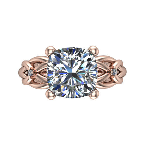 Josephine cushion love-knot engagement ring in 18K Rose Gold with braided band, top-down view of the four-prong center and woven knot shoulders