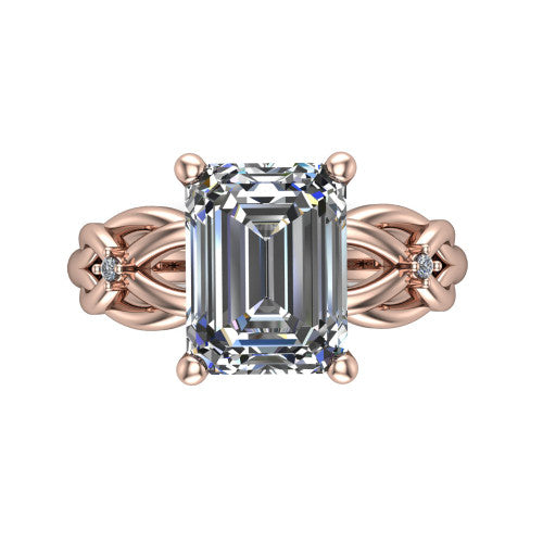Josephine emerald love-knot engagement ring in 18K Rose Gold with braided band, top-down view of the four-prong center and woven knot shoulders