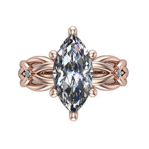 Josephine marquise love-knot engagement ring in 18K Rose Gold with braided band, top-down view of the four-prong center and woven knot shoulders