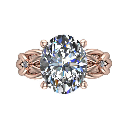 Josephine oval love-knot engagement ring in 18K Rose Gold with braided band, top-down view of the four-prong center and woven knot shoulders