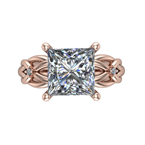 Josephine princess love-knot engagement ring in 18K Rose Gold with braided band, top-down view of the four-prong center and woven knot shoulders