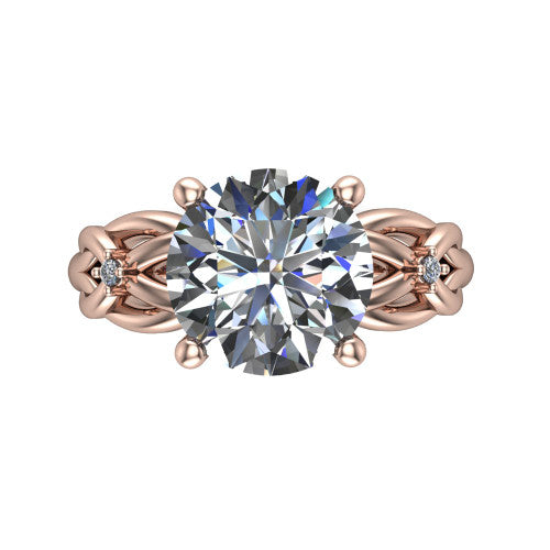 Josephine round love-knot engagement ring in 18K Rose Gold with braided band, top-down view of the four-prong center and woven knot shoulders
