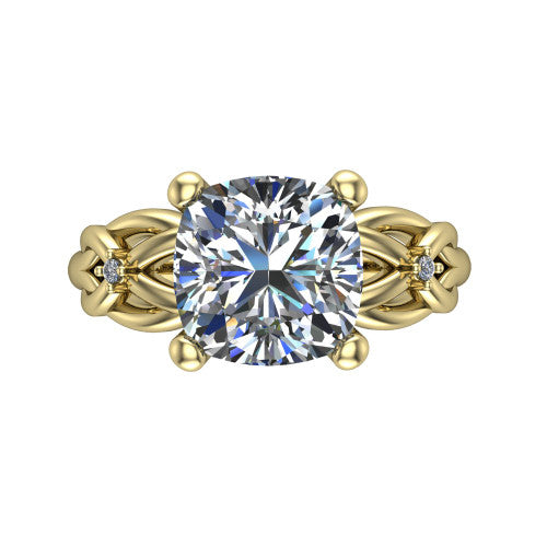 Josephine cushion love-knot engagement ring in 18K Yellow Gold with braided band, top-down view of the four-prong center and woven knot shoulders