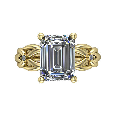Josephine emerald love-knot engagement ring in 18K Yellow Gold with braided band, top-down view of the four-prong center and woven knot shoulders
