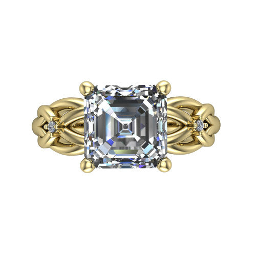 Josephine asscher love-knot engagement ring in 18K Yellow Gold with braided band, top-down view of the four-prong center and woven knot shoulders