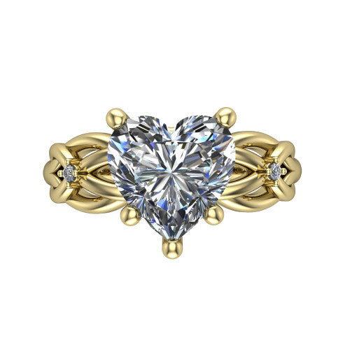 Josephine heart love-knot engagement ring in 18K Yellow Gold with braided band, top-down view of the four-prong center and woven knot shoulders