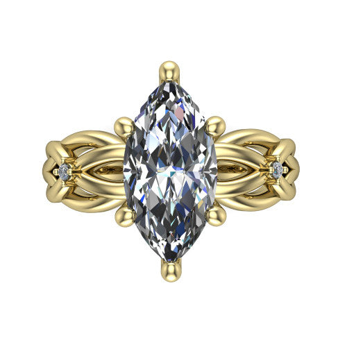 Josephine marquise love-knot engagement ring in 14K Yellow Gold with braided band, top-down view of the four-prong center and woven knot shoulders