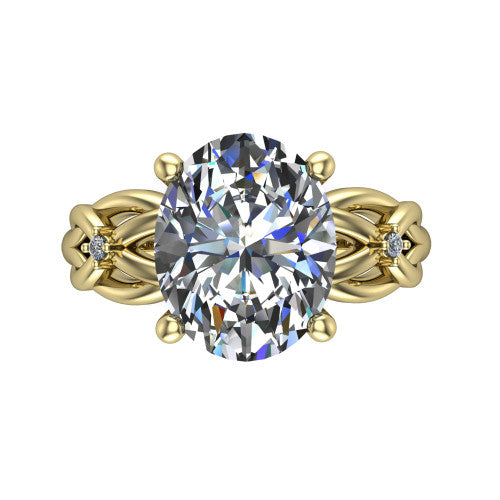 Josephine oval love-knot engagement ring in 18K Yellow Gold with braided band, top-down view of the four-prong center and woven knot shoulders