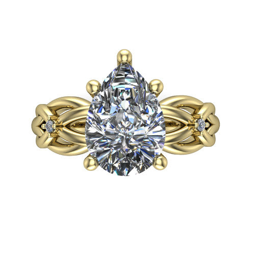 Josephine pear love-knot engagement ring in 18K Yellow Gold with braided band, top-down view of the four-prong center and woven knot shoulders