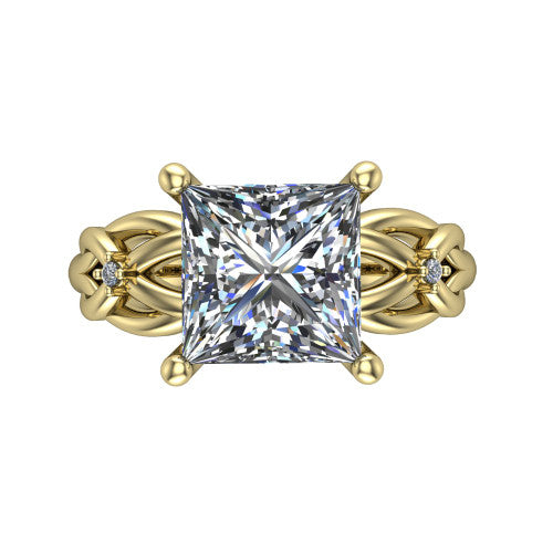Josephine princess love-knot engagement ring in 14K Yellow Gold with braided band, top-down view of the four-prong center and woven knot shoulders