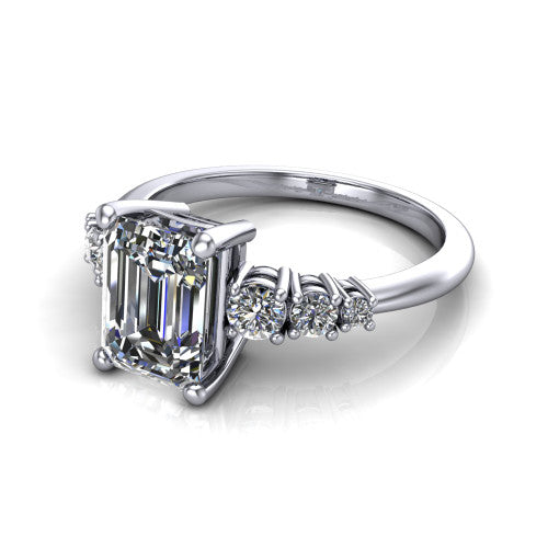 Emery emerald accent engagement ring in 14K White Gold with graduated round side stones, three-quarter perspective view