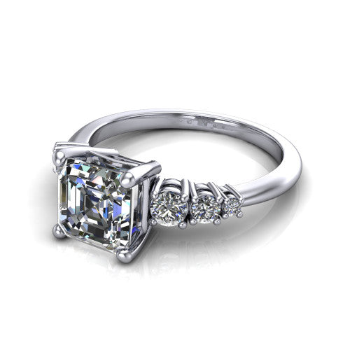 Emery asscher accent engagement ring in 14K White Gold with graduated round side stones, three-quarter perspective view