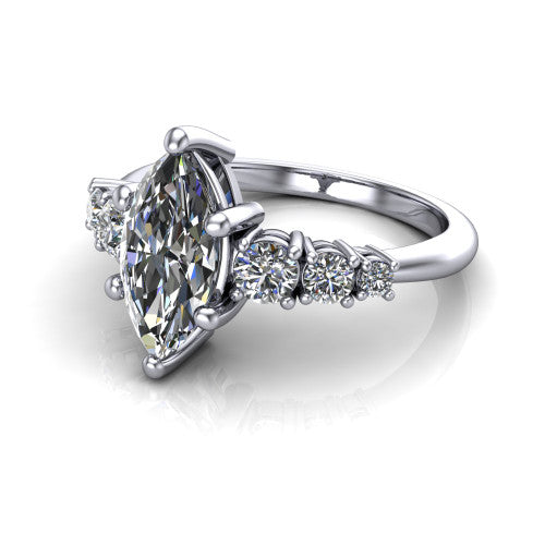 Emery marquise accent engagement ring in Platinum with graduated round side stones, three-quarter perspective view