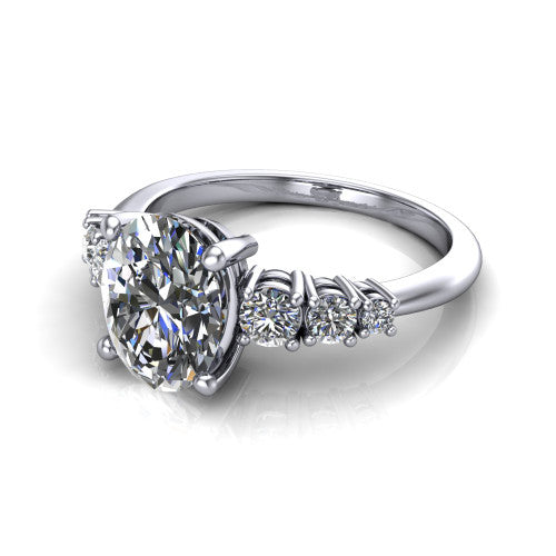 Emery oval accent engagement ring in 18K White Gold with graduated round side stones, three-quarter perspective view