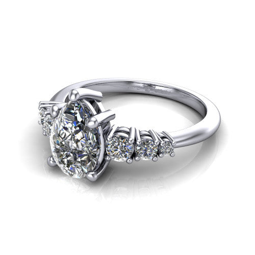 Emery pear accent engagement ring in Platinum with graduated round side stones, three-quarter perspective view