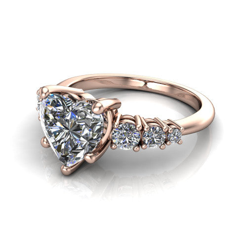 Emery heart accent engagement ring in 18K Rose Gold with graduated round side stones, three-quarter perspective view