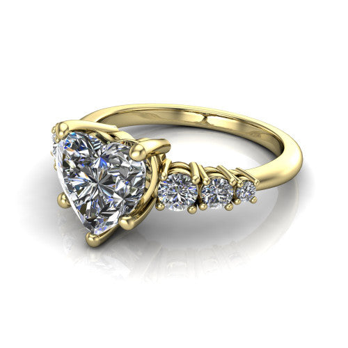 Emery heart accent engagement ring in 14K Yellow Gold with graduated round side stones, three-quarter perspective view
