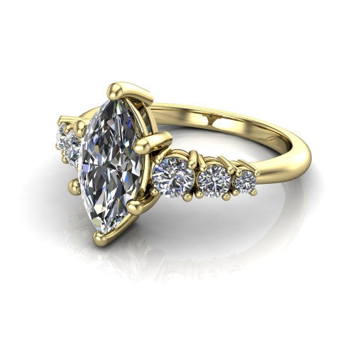 Emery marquise accent engagement ring in 14K Yellow Gold with graduated round side stones, three-quarter perspective view