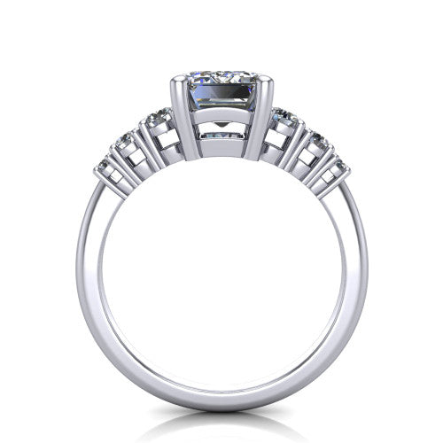 Emery emerald accent engagement ring in 14K White Gold with graduated round side stones, through-finger front profile
