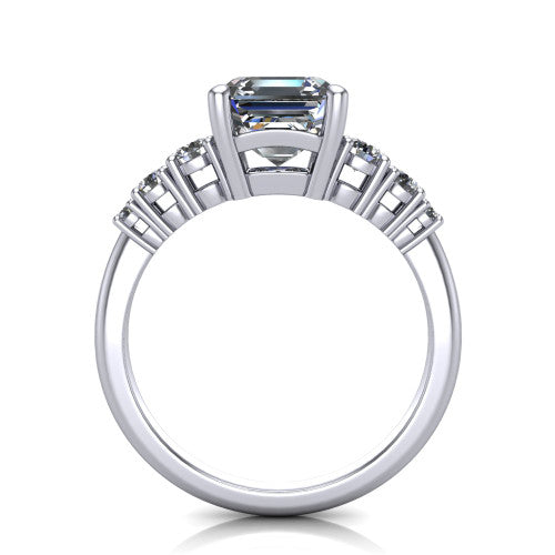 Emery asscher accent engagement ring in Platinum with graduated round side stones, through-finger front profile