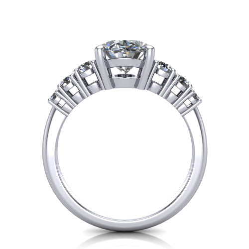 Emery oval accent engagement ring in Platinum with graduated round side stones, through-finger front profile