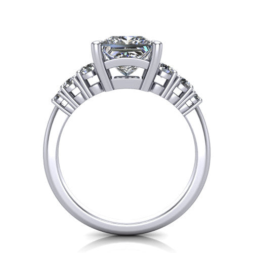 Emery princess accent engagement ring in 14K White Gold with graduated round side stones, through-finger front profile