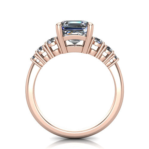 Emery asscher accent engagement ring in 14K Rose Gold with graduated round side stones, through-finger front profile