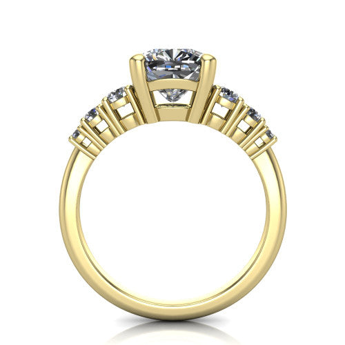Emery cushion accent engagement ring in 14K Yellow Gold with graduated round side stones, through-finger front profile