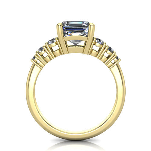 Emery asscher accent engagement ring in 18K Yellow Gold with graduated round side stones, through-finger front profile