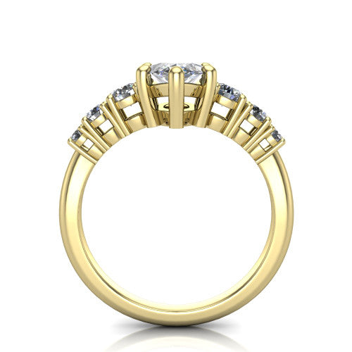 Emery marquise accent engagement ring in 18K Yellow Gold with graduated round side stones, through-finger front profile