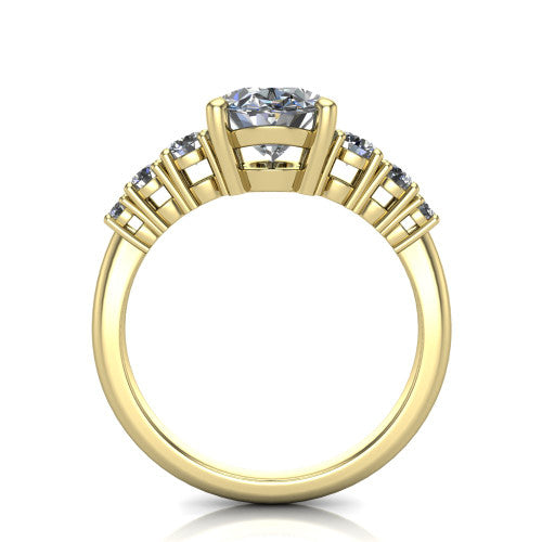 Emery oval accent engagement ring in 18K Yellow Gold with graduated round side stones, through-finger front profile