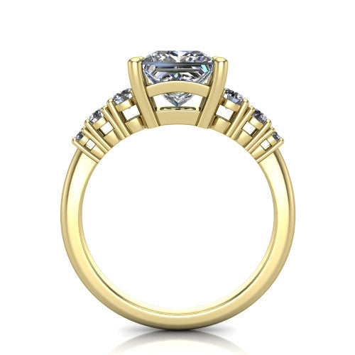 Emery princess accent engagement ring in 14K Yellow Gold with graduated round side stones, through-finger front profile
