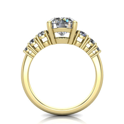 Emery round accent engagement ring in 18K Yellow Gold with graduated round side stones, through-finger front profile