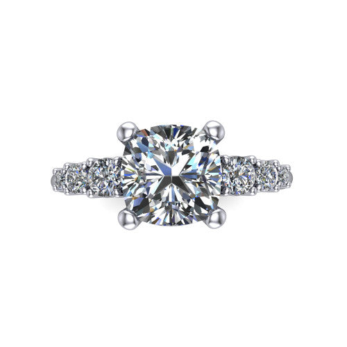 Emery cushion accent engagement ring in Platinum with graduated round side stones, top-down view of the center and graduated round side accents