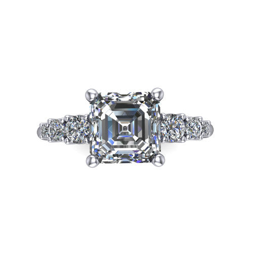Emery asscher accent engagement ring in 14K White Gold with graduated round side stones, top-down view of the center and graduated round side accents