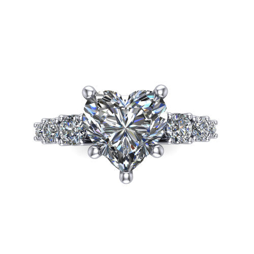 Emery heart accent engagement ring in 18K White Gold with graduated round side stones, top-down view of the center and graduated round side accents