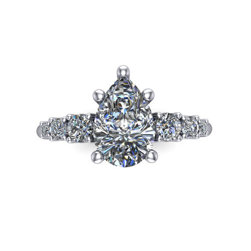 Emery pear accent engagement ring in Platinum with graduated round side stones, top-down view of the center and graduated round side accents