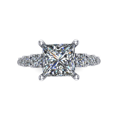 Emery princess accent engagement ring in 18K White Gold with graduated round side stones, top-down view of the center and graduated round side accents
