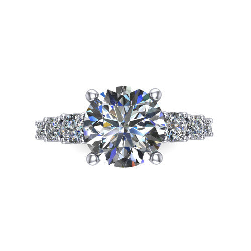 Emery round accent engagement ring in 14K White Gold with graduated round side stones, top-down view of the center and graduated round side accents