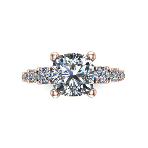 Emery cushion accent engagement ring in 18K Rose Gold with graduated round side stones, top-down view of the center and graduated round side accents