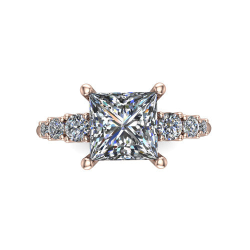Emery princess accent engagement ring in 18K Rose Gold with graduated round side stones, top-down view of the center and graduated round side accents