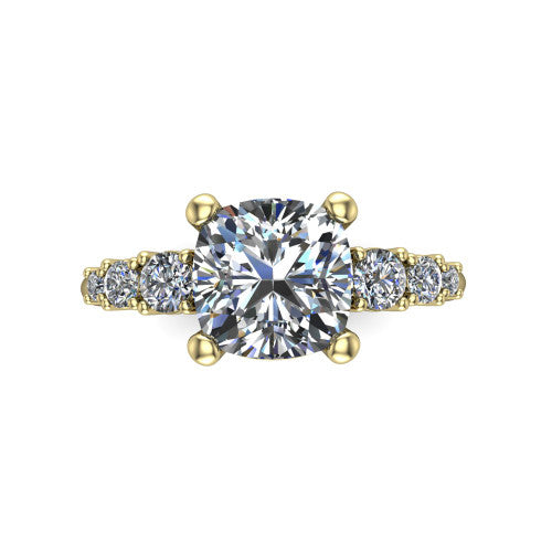 Emery cushion accent engagement ring in 14K Yellow Gold with graduated round side stones, top-down view of the center and graduated round side accents