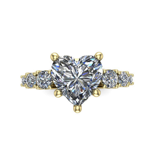 Emery heart accent engagement ring in 18K Yellow Gold with graduated round side stones, top-down view of the center and graduated round side accents